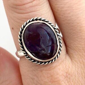 Southwest Style Amethyst Adorned 925 Sterling Silver Vintage Ring - sz 9.5